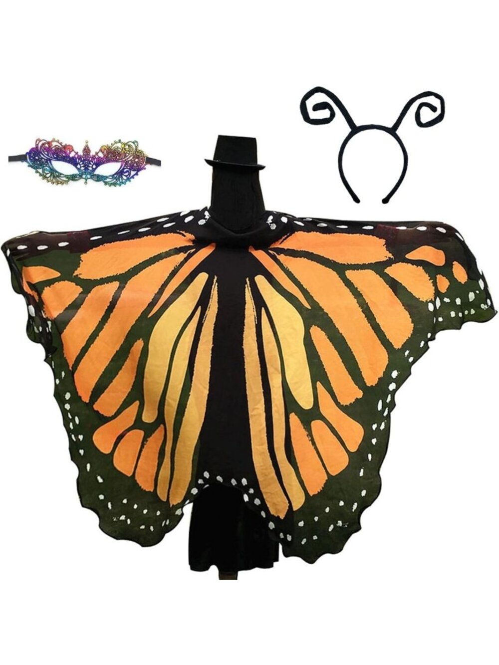 Women's Butterfly Wings Shawl Set - 3 PCS Halloween Fairy Costume Cape & Mask